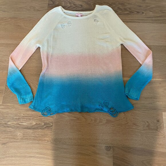 Pink Lily Tie Die White, Pink and Blue Distressed Top Size Medium - Picture 1 of 9